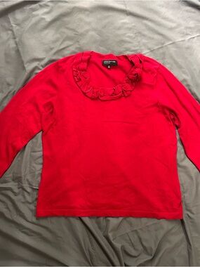 Jones New York Bright Red Ruffle Collar Long Sleeve Top